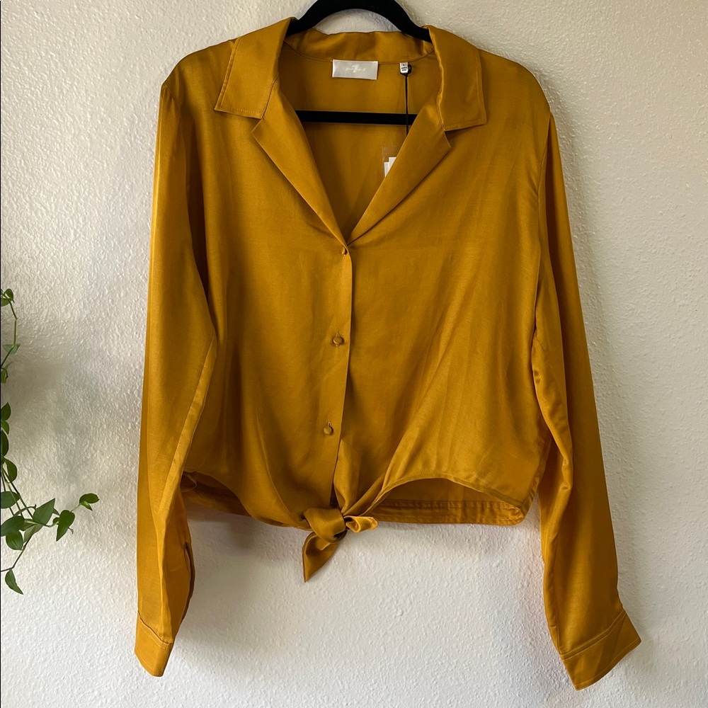 7 For All Mankind Gold Yellow Silk Blend Button Down Tie Long Sleeve Shirt L